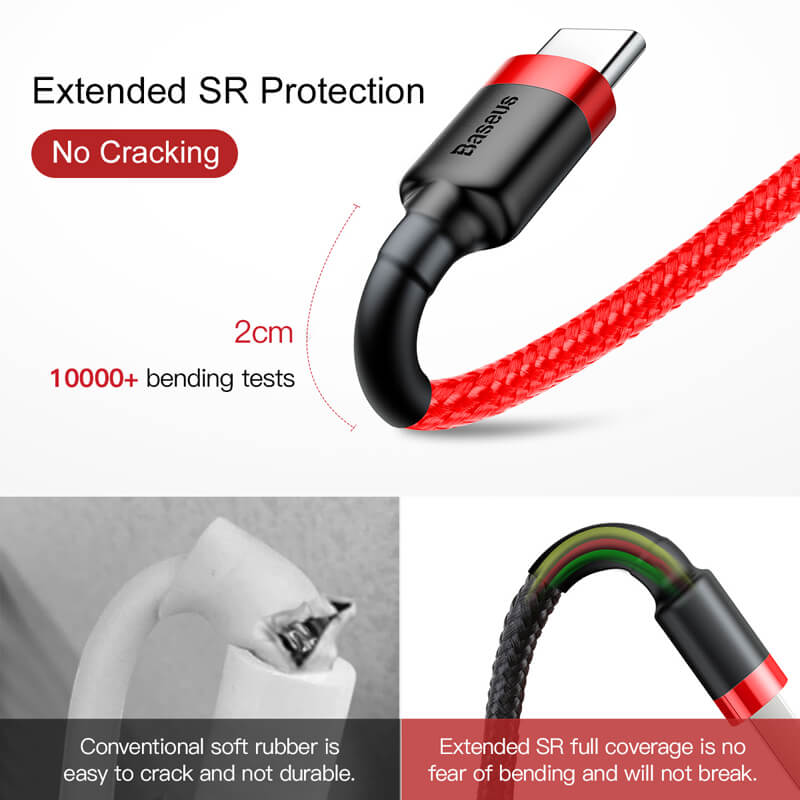 Baseus Cafule Type C to USB charging cable with extended SR protection, not get cracked even in 10000+ bends