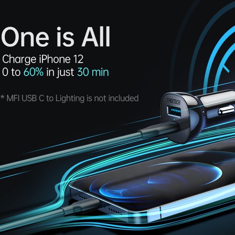 CHOETECH Fast Car Charger 38W Dual USB-A + USB Type-C