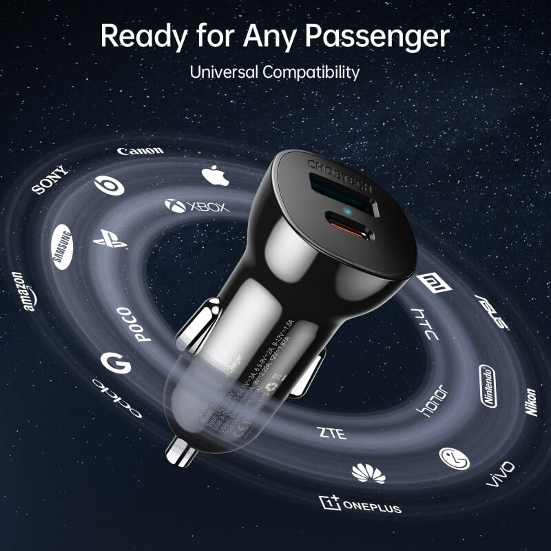 CHOETECH Fast Car Charger 38W Dual USB-A + USB Type-C