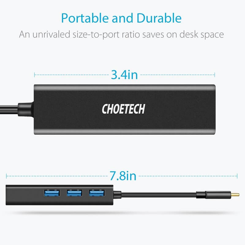 CHOETECH USB-C to RJ45 Gigabit Ethernet Adapter Hub with 3x USB3.0 Ports (HUB-U02)