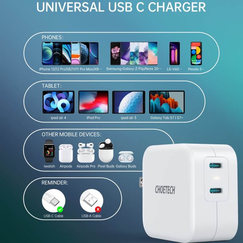 CHOETECH USB-C PD3.0 40W Wall Charger Dual USB-C Port Fast Power Adapter