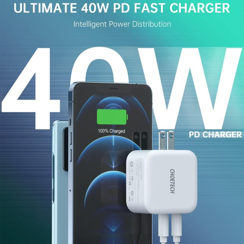 CHOETECH USB-C PD3.0 40W Wall Charger Dual USB-C Port Fast Power Adapter
