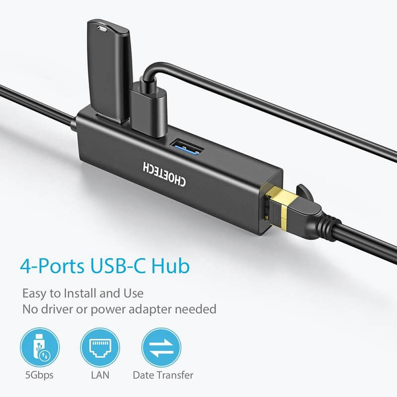 CHOETECH USB-C to RJ45 Gigabit Ethernet Adapter Hub with 3x USB3.0 Ports (HUB-U02)