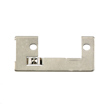 iPhone 6 Plus lightning connector bracket, a U-shaped silver metal plate with two screw holes and a small stamped clip in the centre, shown face up.