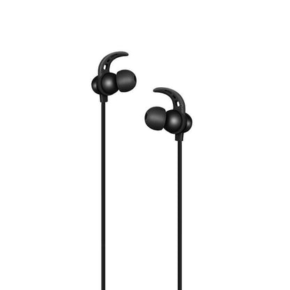HOCO ES11 Maret black Bluetooth sports earphones with silicone ear hooks and in-ear tips hanging from their flat cables on a white background.