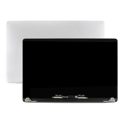 MacBook Pro 13 inch A1989 complete display assembly with the screen off, shown in front of a silver closed lid, the hinge brackets and display flex along the bottom edge