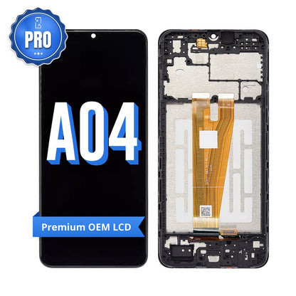 Samsung A04 replacement LCD with middle frame, front marked A04 with a blue PRO badge and Premium OEM LCD ribbon, beside the back of the frame and its gold display flex