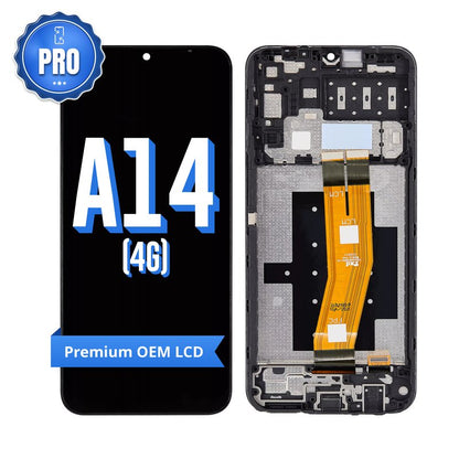 Samsung Galaxy A14 4G Premium OEM LCD screen with middle frame, front with the PRO badge and A14 4G lettering beside the back of the frame with its orange flex cable