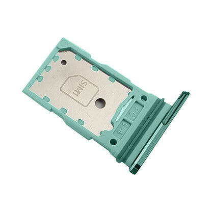 Mint green single SIM card tray for the Samsung Galaxy S22 Plus, angled to show the SIM1 embossed metal cradle and the green outer edge piece.