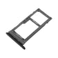 Angled view of a black dual SIM card tray for the Samsung Galaxy S10, showing its two card openings and the black rubber sealing gasket on the outer lip.