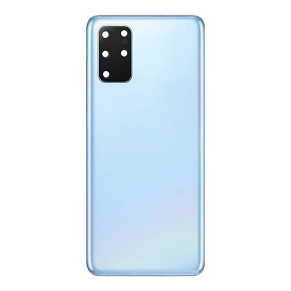 Samsung Galaxy S20 Plus replacement rear glass in Cloud Blue, a pale blue gradient panel with the black camera lens surround at the top left corner.