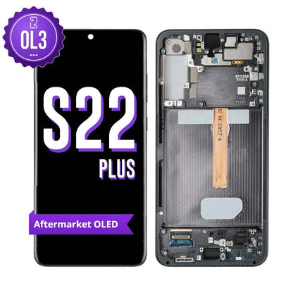 Samsung Galaxy S22 Plus aftermarket OLED screen replacement with middle frame, shown front on with the purple OL3 badge and from the back showing the frame and flex cable