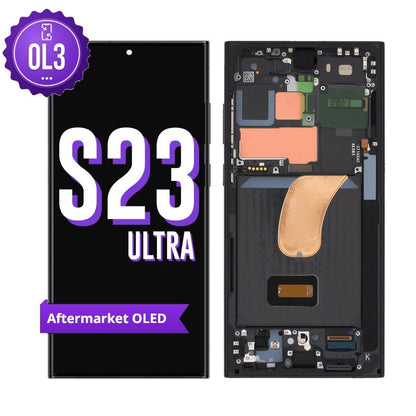 Samsung Galaxy S23 Ultra aftermarket OLED screen replacement with middle frame, shown front on with the purple OL3 badge and from the back showing the frame, S Pen slot and flex cable