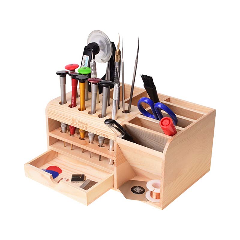 Wooden Multifunction Screwdrivers and Tools Storage Box in slant position with tools inside it