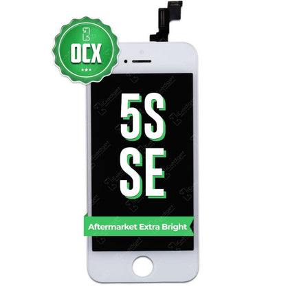 White iPhone 5s/SE OCX replacement screen assembly with white bezel and home button, a round green OCX badge and a green Aftermarket Extra Bright banner.