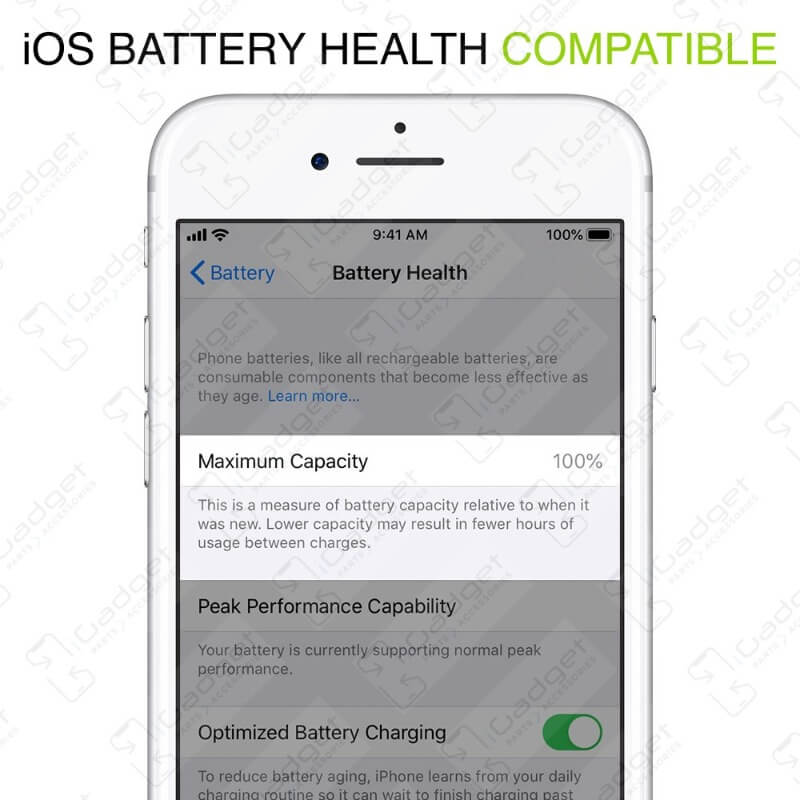 iPhone with battery health settings open showing 100% maximum capacity 