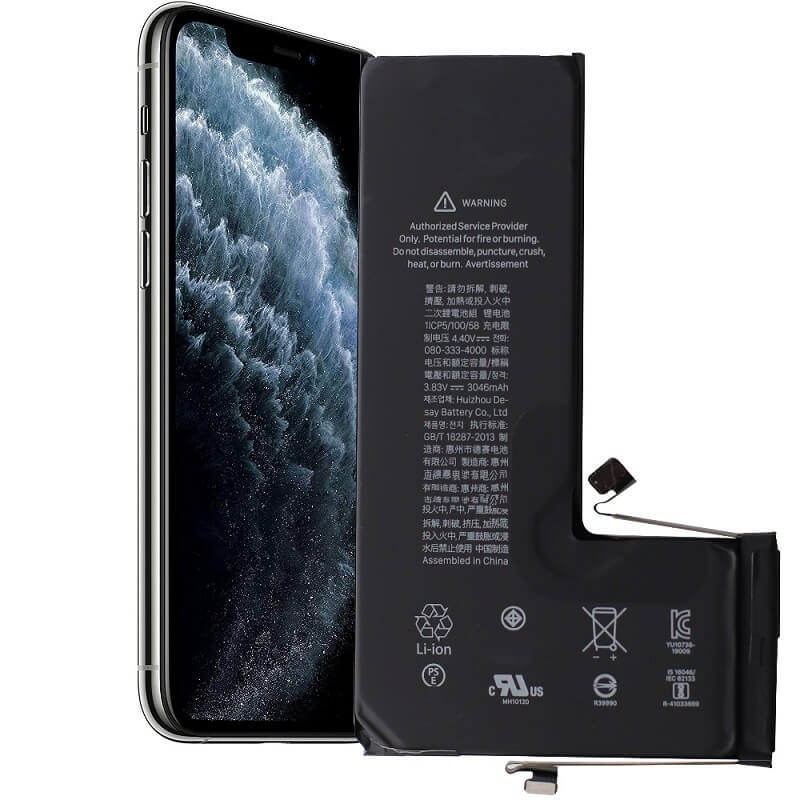 iGadget replacement battery beside an angled iPhone 11 Pro phone