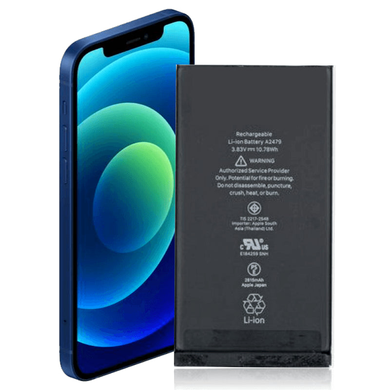 iGadget replacement battery beside an angled iPhone 12/12 Pro phone