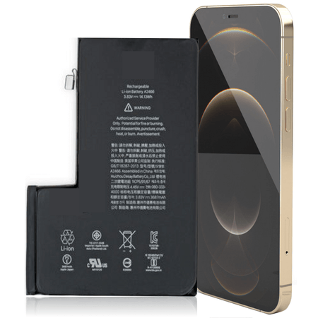 A black iPhone 13 Pro Max replacement battery is shown in front of the smartphone itself, highlighting the back of the battery with various certification markings.