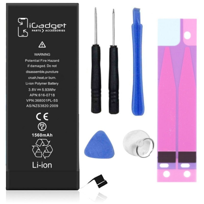 iGadget iPhone 5s battery with tool kit including two screwdrivers, battery adhesive, opening pick, spudger and suction cup