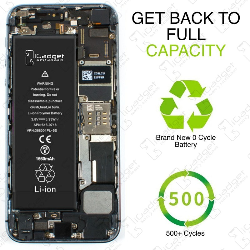 iPhone without screen showing internals with iGadget battery and Zero cycle symbol