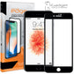 iGadget Edge to Edge premium tempered glass screen protector retail box beside a black iPhone and a black-bordered full coverage glass protector.