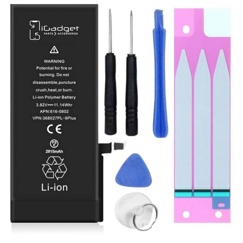 iGadget iPhone 6 Plus battery with tool kit including two screwdrivers, battery adhesive, opening pick, spudger and suction cup