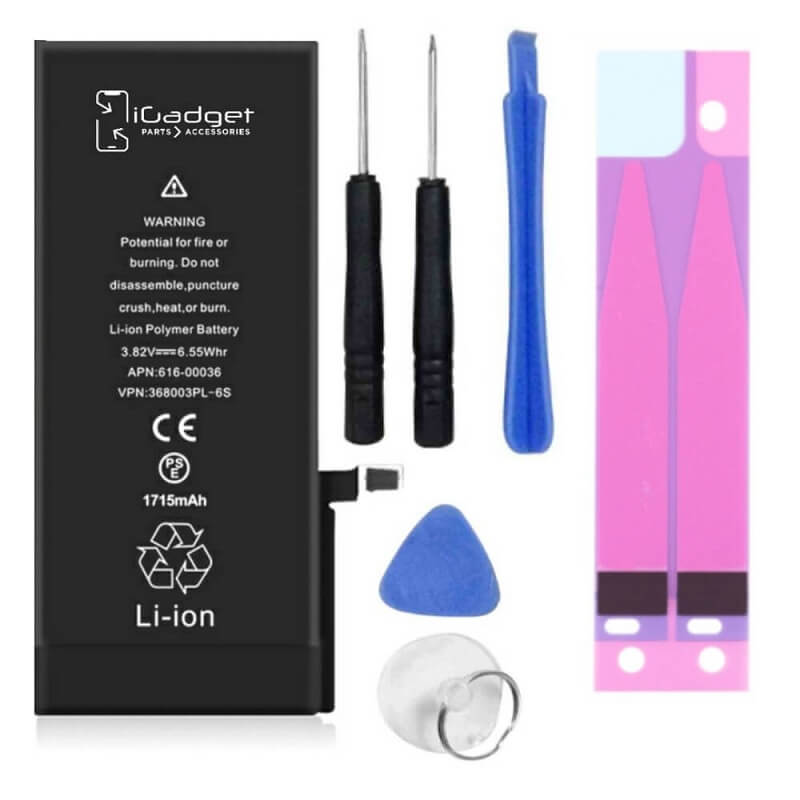 iGadget iPhone 6s battery with tool kit including two screwdrivers, battery adhesive, opening pick, spudger and suction cup