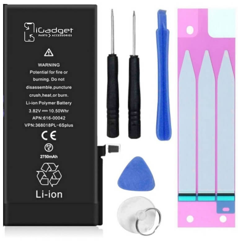iGadget iPhone 6s Plus battery with tool kit including two screwdrivers, battery adhesive, opening pick, spudger and suction cup