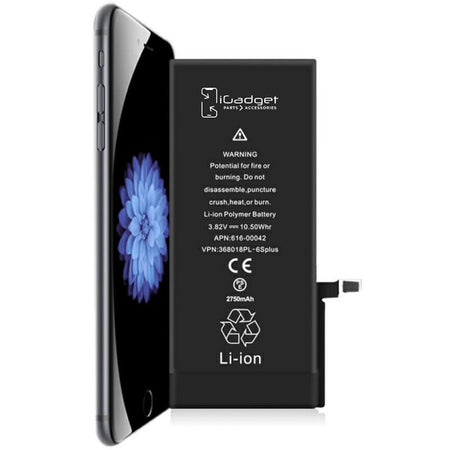 A black iPhone 6s Plus battery replacement kit from iGadget, including the battery itself with a floral design on the screen side, accompanied by a warning label and recycling symbols.