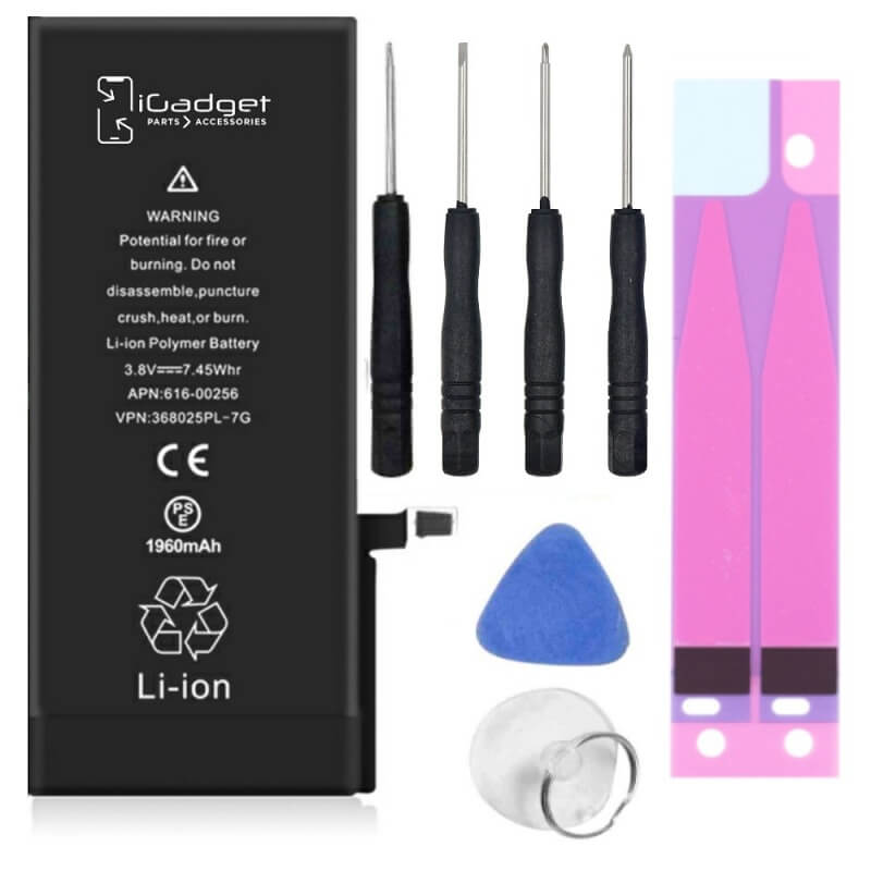iGadget iPhone 7 battery with tool kit including two screwdrivers, battery adhesive, opening pick, spudger and suction cup