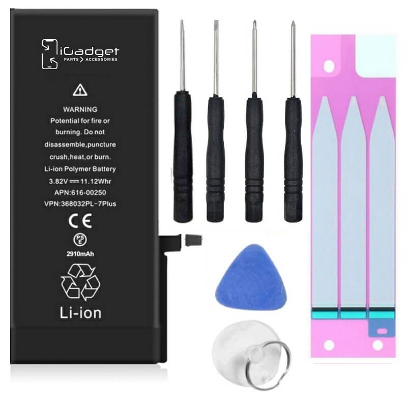 iGadget iPhone 7 Plus battery with tool kit including two screwdrivers, battery adhesive, opening pick, spudger and suction cup