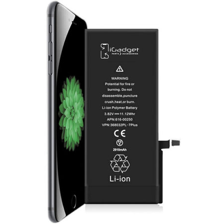 An iPhone 7 Plus battery replacement kit showing the battery itself with a black back cover and a green graphic on the front, along with a set of tools for installation.
