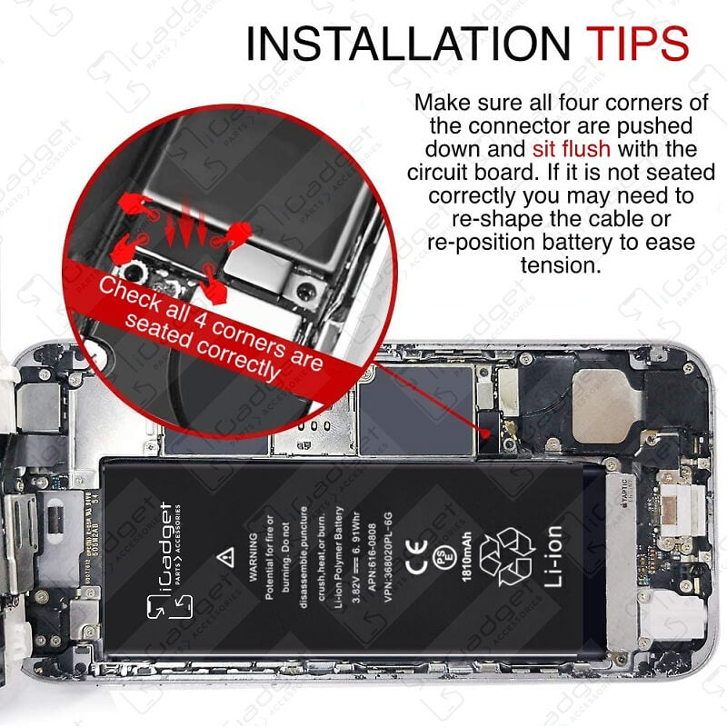 iPhone without screen on and iGadget battery installed showing installation tips