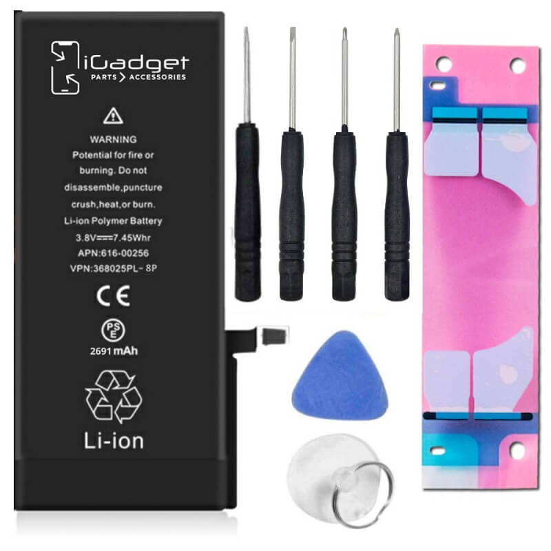 iGadget iPhone 8 Plus battery with tool kit including two screwdrivers, battery adhesive, opening pick, spudger and suction cup