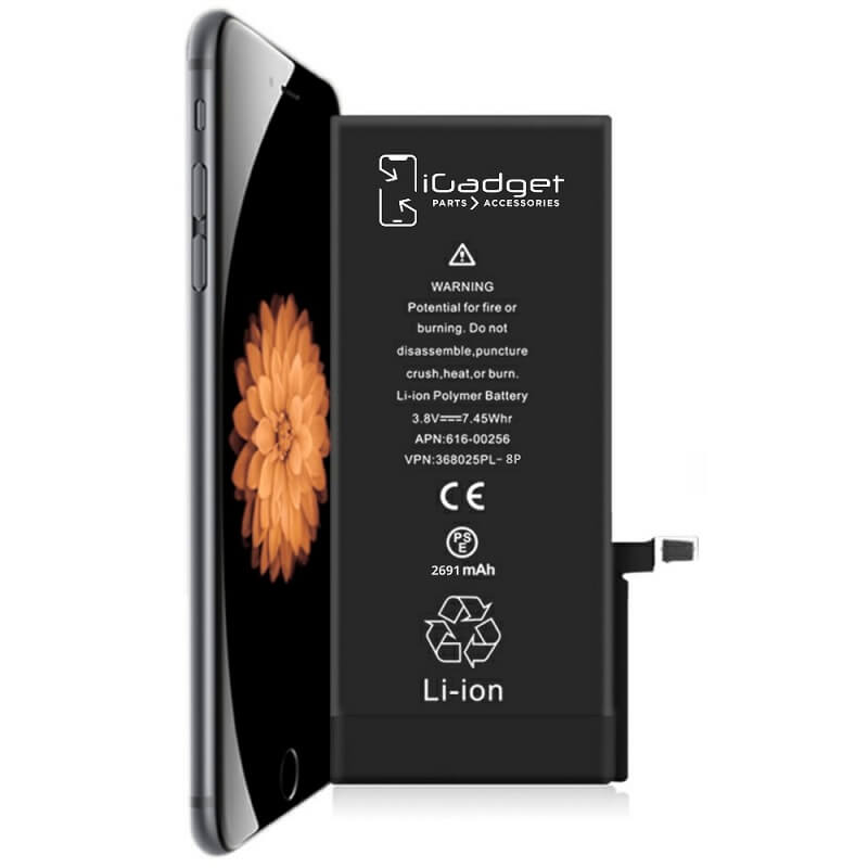 iGadget replacement battery beside an angled iPhone 8 Plus phone