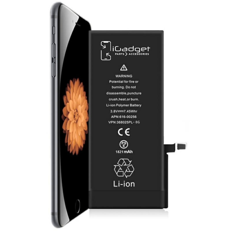 iGadget replacement battery beside an angled iPhone 8 phone