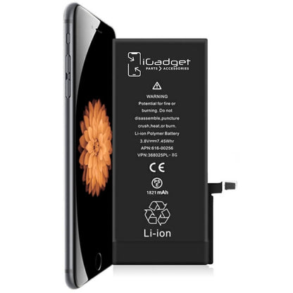 iGadget replacement battery beside an angled iPhone 8 phone