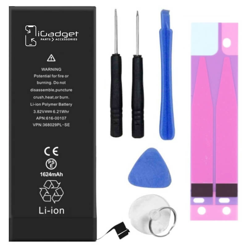 iGadget iPhone SE battery with tool kit including two screwdrivers, battery adhesive, opening pick, spudger and suction cup