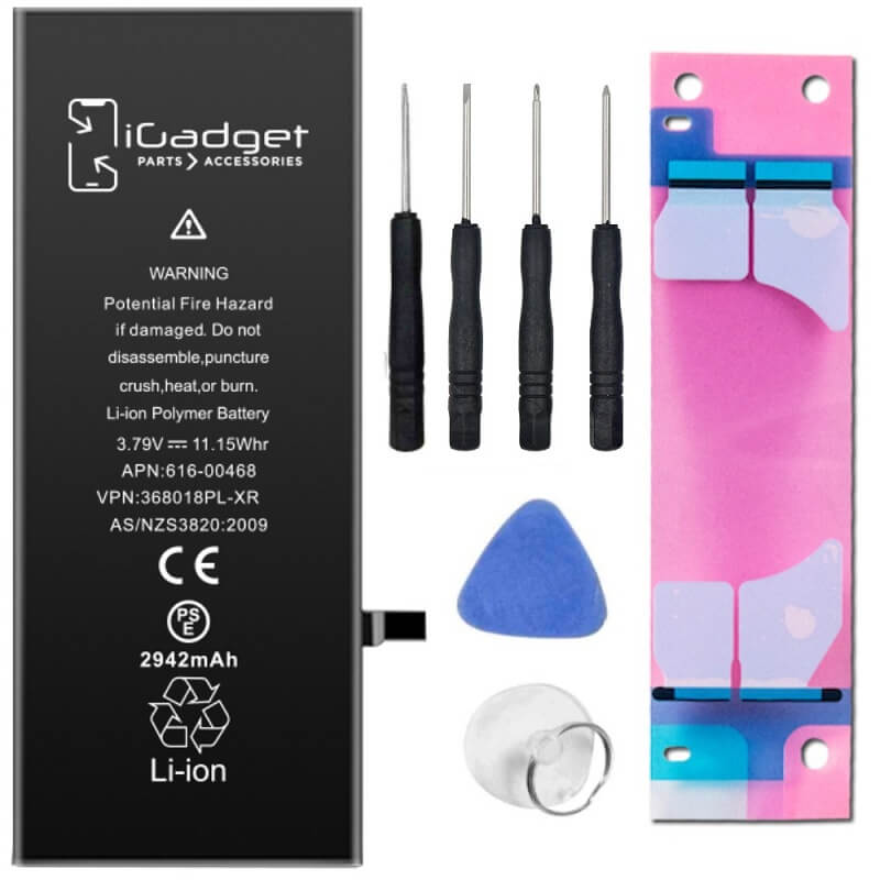 iGadget iPhone XR battery with tool kit including two screwdrivers, battery adhesive, opening pick, spudger and suction cup