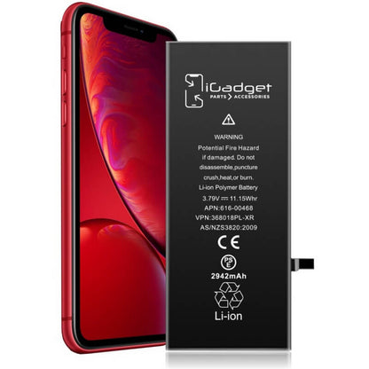 iGadget replacement battery beside an angled iPhone XR phone