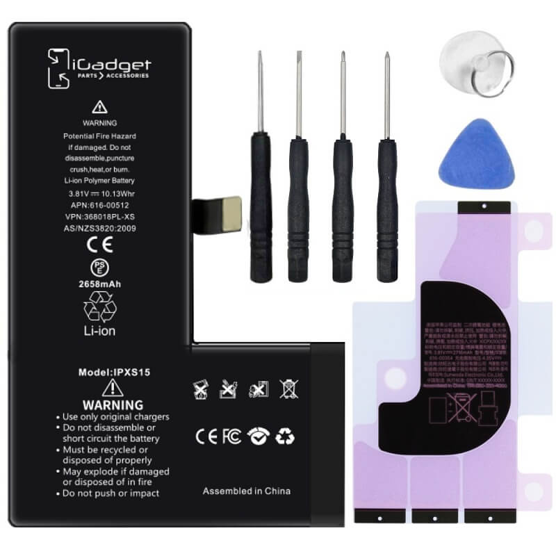 iGadget iPhone XS battery with tool kit including two screwdrivers, battery adhesive, opening pick, spudger and suction cup
