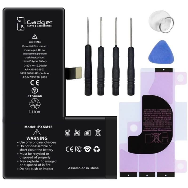 iGadget iPhone XS Max battery with tool kit including two screwdrivers, battery adhesive, opening pick, spudger and suction cup