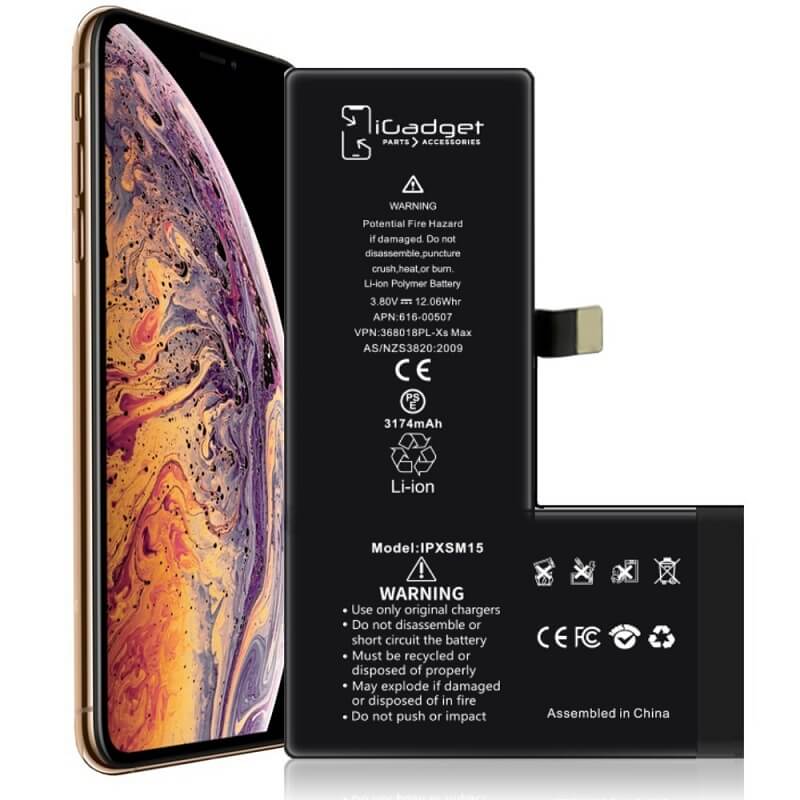 iGadget replacement battery beside an angled iPhone XS Max phone