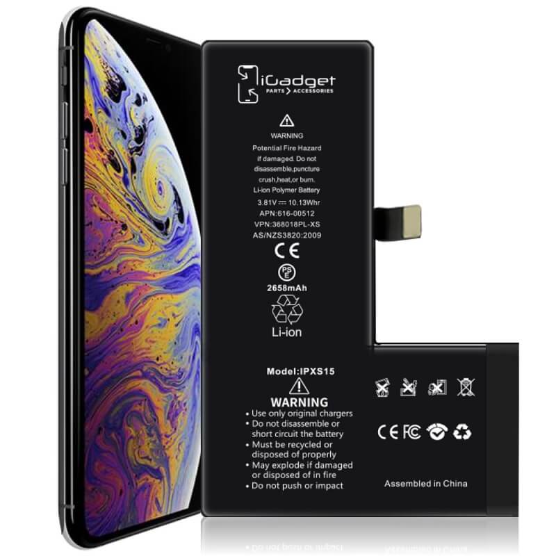 iGadget replacement battery beside an angled iPhone XS phone