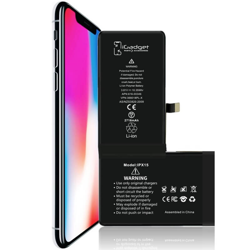 iGadget replacement battery beside an angled iPhone X phone