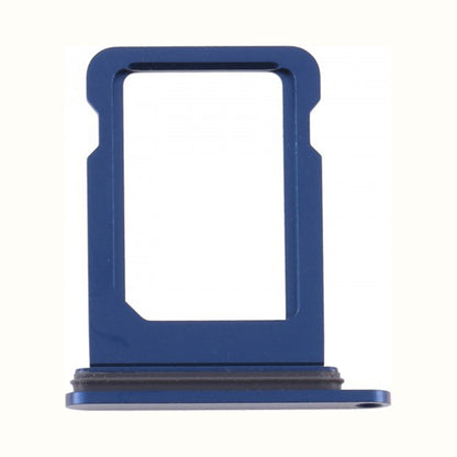 Dark blue aluminium dual sim tray for the iPhone 12, standing front-on against a plain white background with its black rubber sealing gasket along the base.