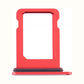 Red aluminium dual sim tray for the iPhone 12, standing upright front-on against a plain white background with its black rubber sealing gasket along the base.