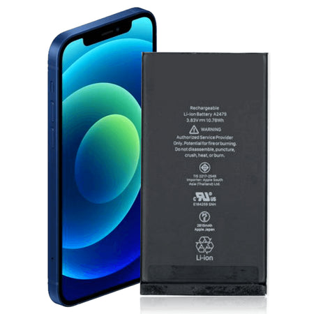 An iPhone 13 Pro battery replacement kit, showing the battery itself in the foreground with the phone in the background.