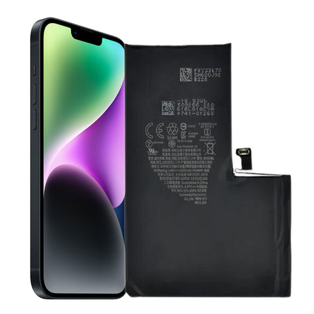 An iPhone 14 Pro Max with a black replacement battery placed beside it, showing both the front and back view of the phone.